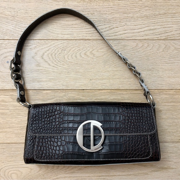 Charles David Handbags - Charles David Dark Brown Croc-Embossed Shoulder Bag with Silver Hardware